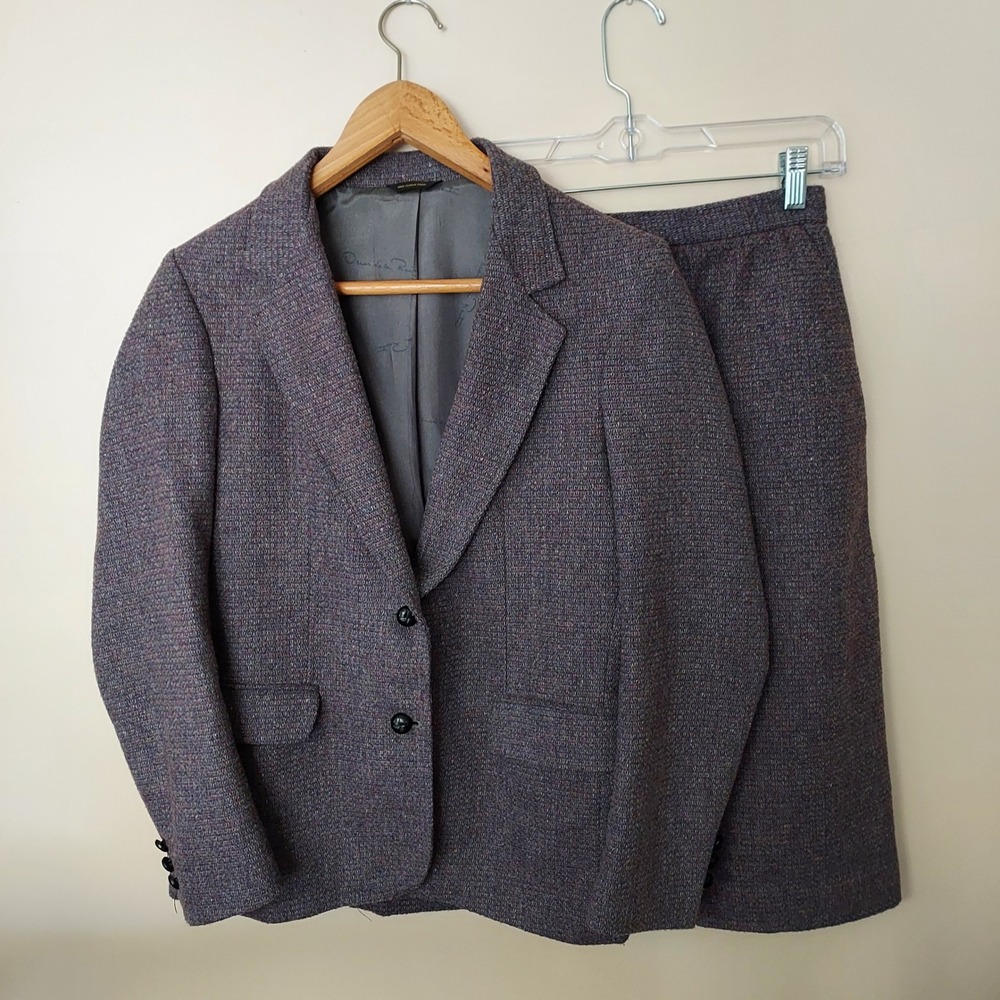 Oscar de la Renta Rayna Wool‎ Tweed Suit Jacket Blazer Pencil Skirt Set Gray 7/8